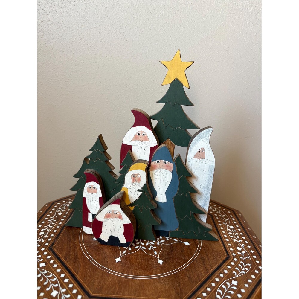 Handmade Wooden Folk Art 6 Santa Set Block 5 Layers